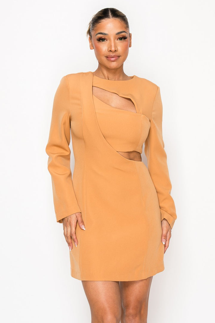 Camel Elegant Cut Out In Long Sleeve Mini Dress 1