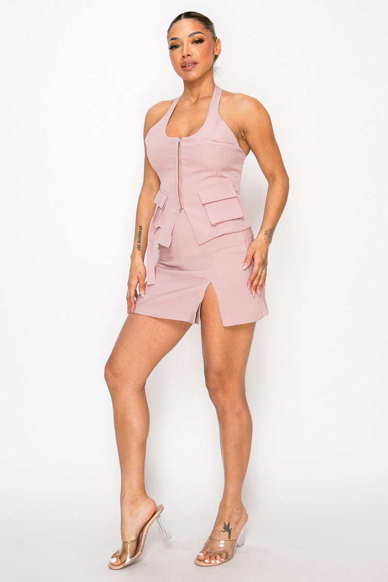Mauve Dressy Solid Skort Halter Pocket Detail Top Set