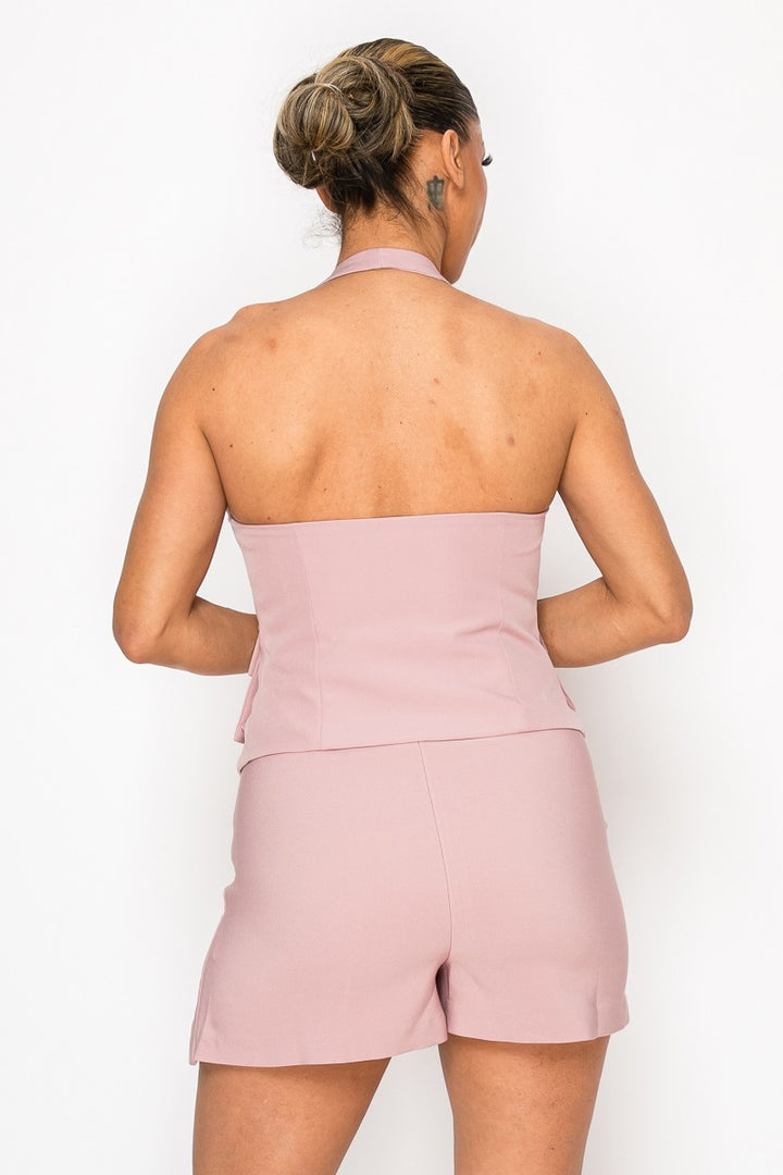 Mauve Dressy Solid Skort Halter Pocket Detail Top Set