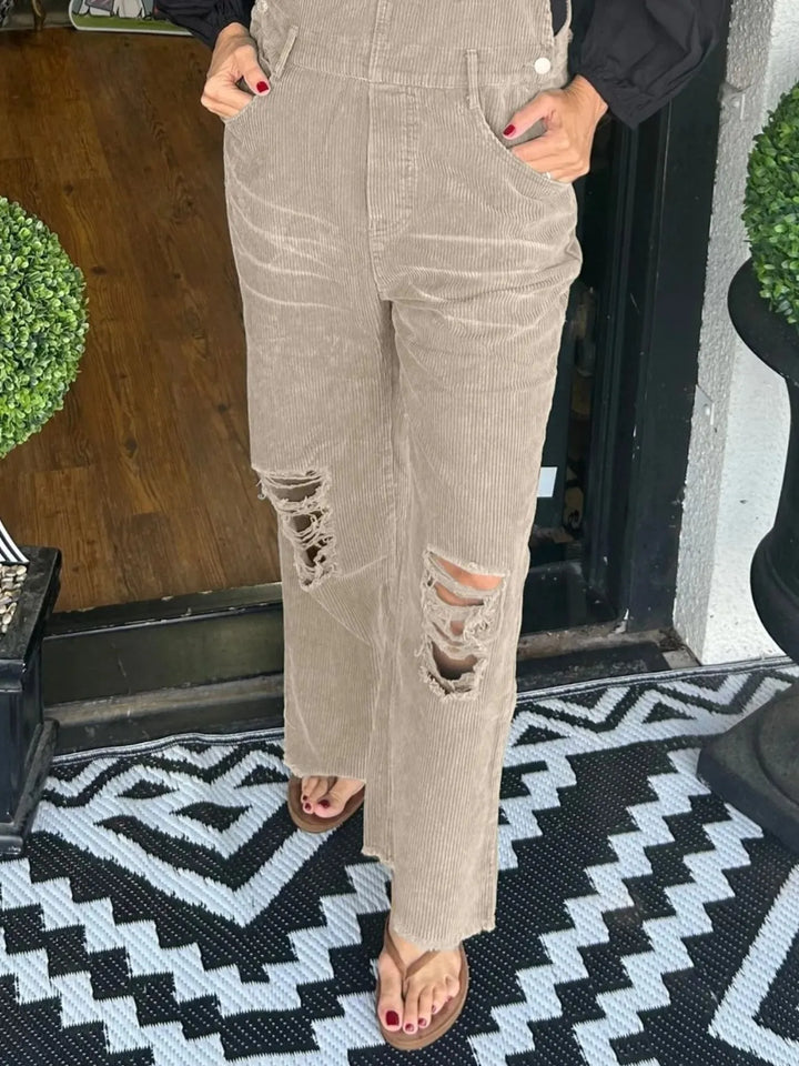 Brick Red Distressed Wide Leg Corduroy Overalls