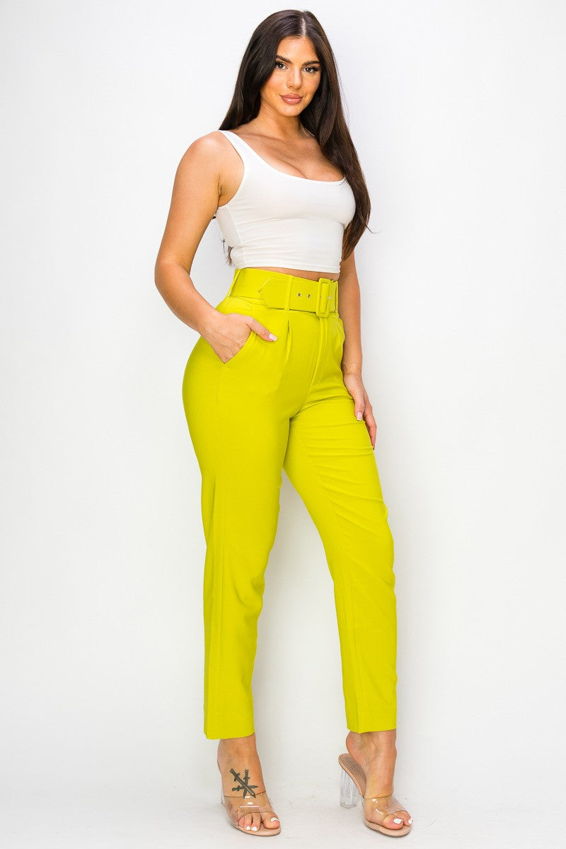 Hot Pink Women Ankle Slim Fit Cigarette Pants With Belt