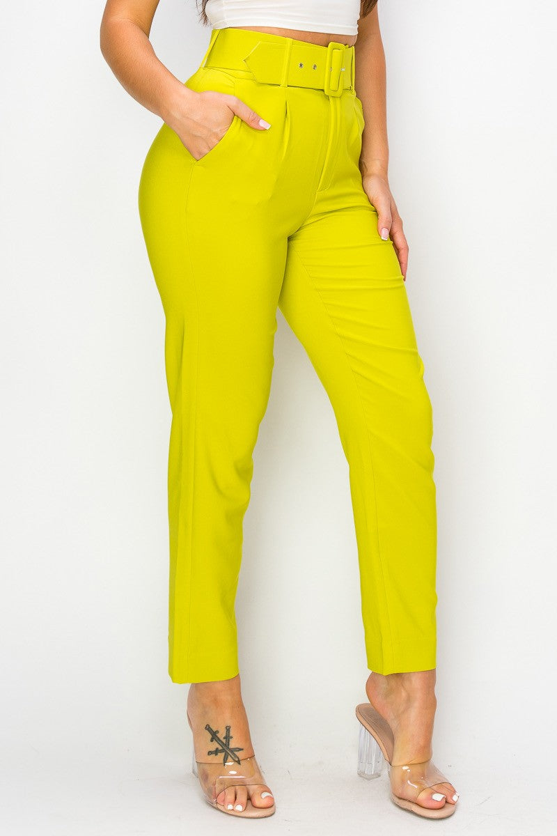 Lemon Women Ankle Slim Fit Cigarette Pants With Belt