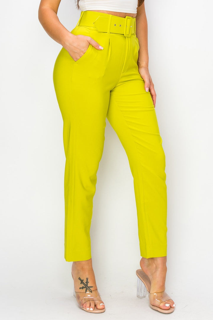 Lemon Women Ankle Slim Fit Cigarette Pants With Belt