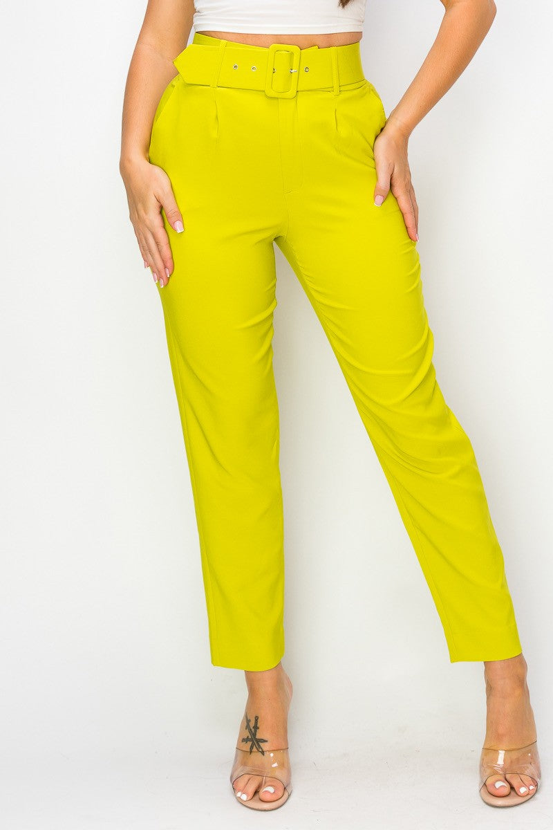 Lemon Women Ankle Slim Fit Cigarette Pants With Belt