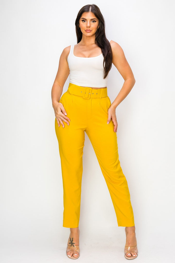 Women Ankle Slim Fit Cigarette Pants With Belt