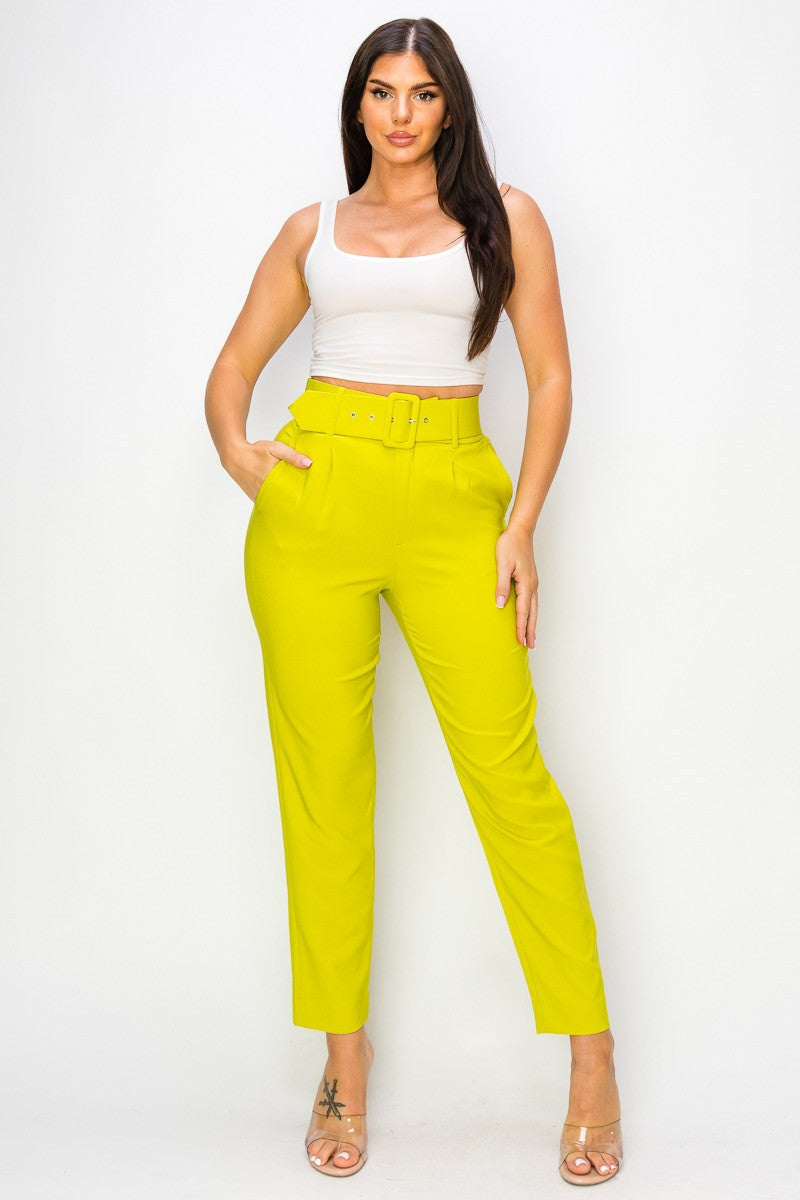 Hot Pink Women Ankle Slim Fit Cigarette Pants With Belt