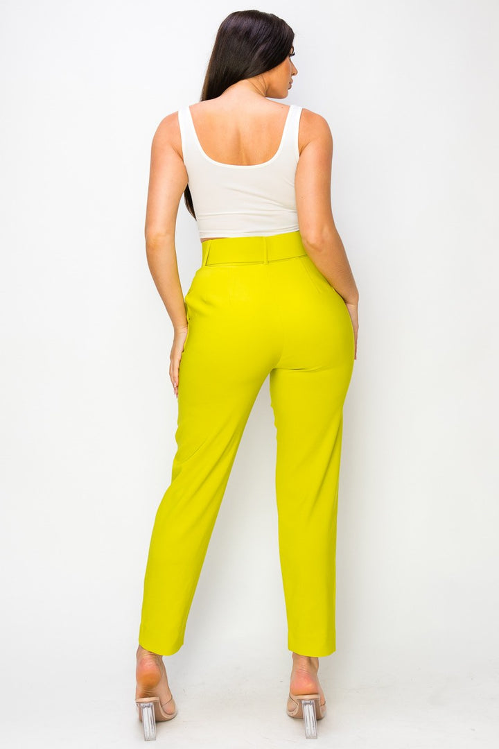 Hot Pink Women Ankle Slim Fit Cigarette Pants With Belt