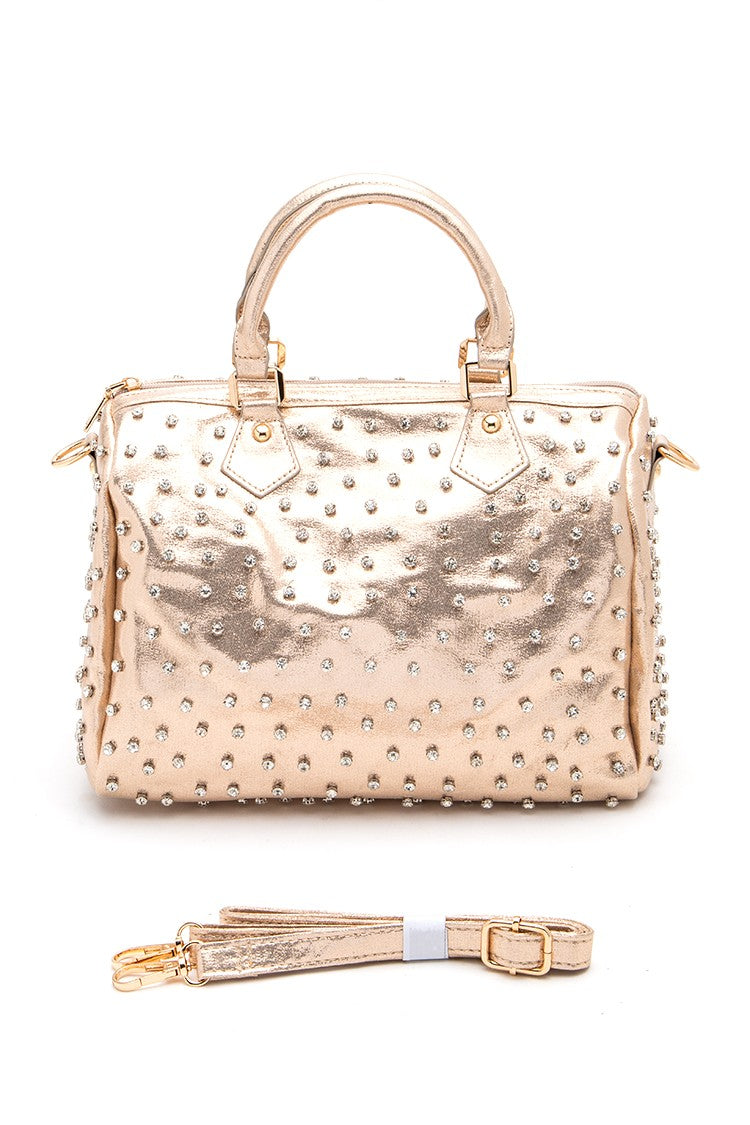Gold Rhinestone Studded Top Handle Boston Bag
