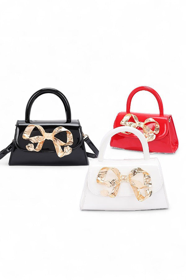 Black Iconic Metal Bow Top Handle Faux Leather Bag