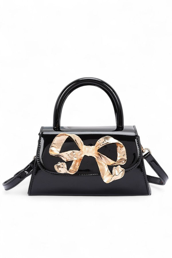 Iconic Metal Bow Top Handle Faux Leather Bag