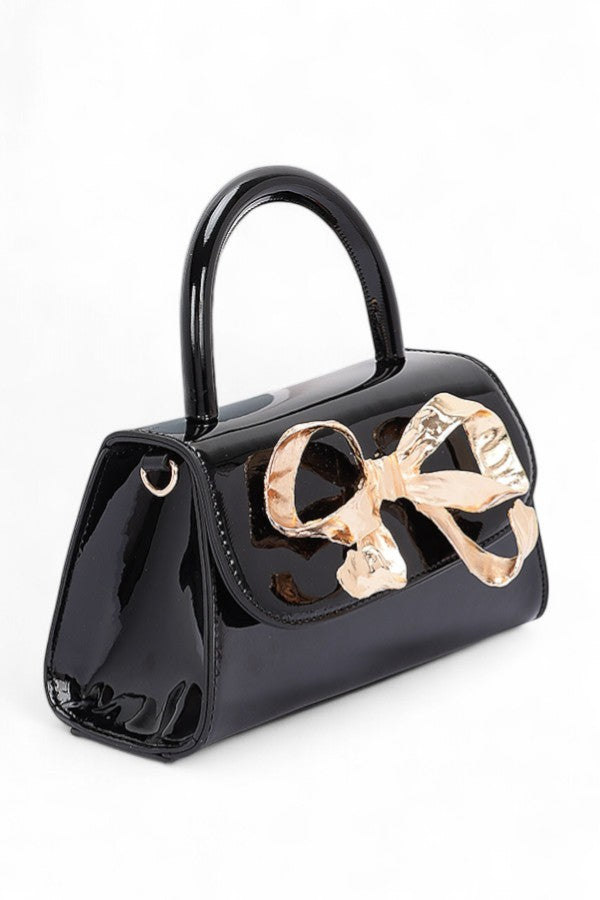 Iconic Metal Bow Top Handle Faux Leather Bag