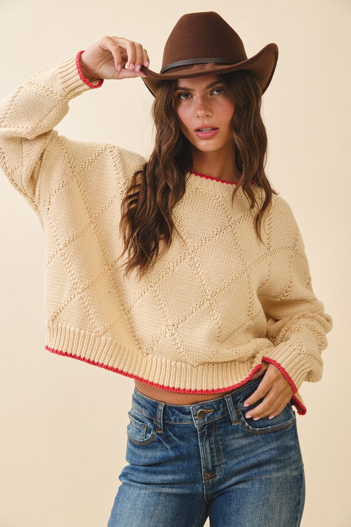 Oat Diamond Knit Pullover Sweater