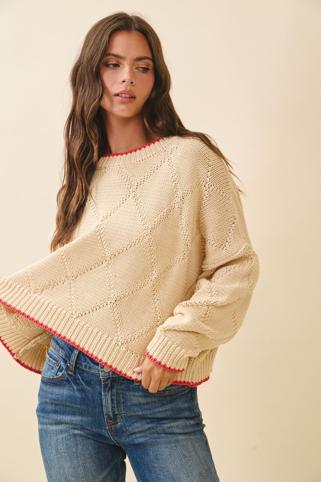 Light Heather Gray Diamond Knit Pullover Sweater