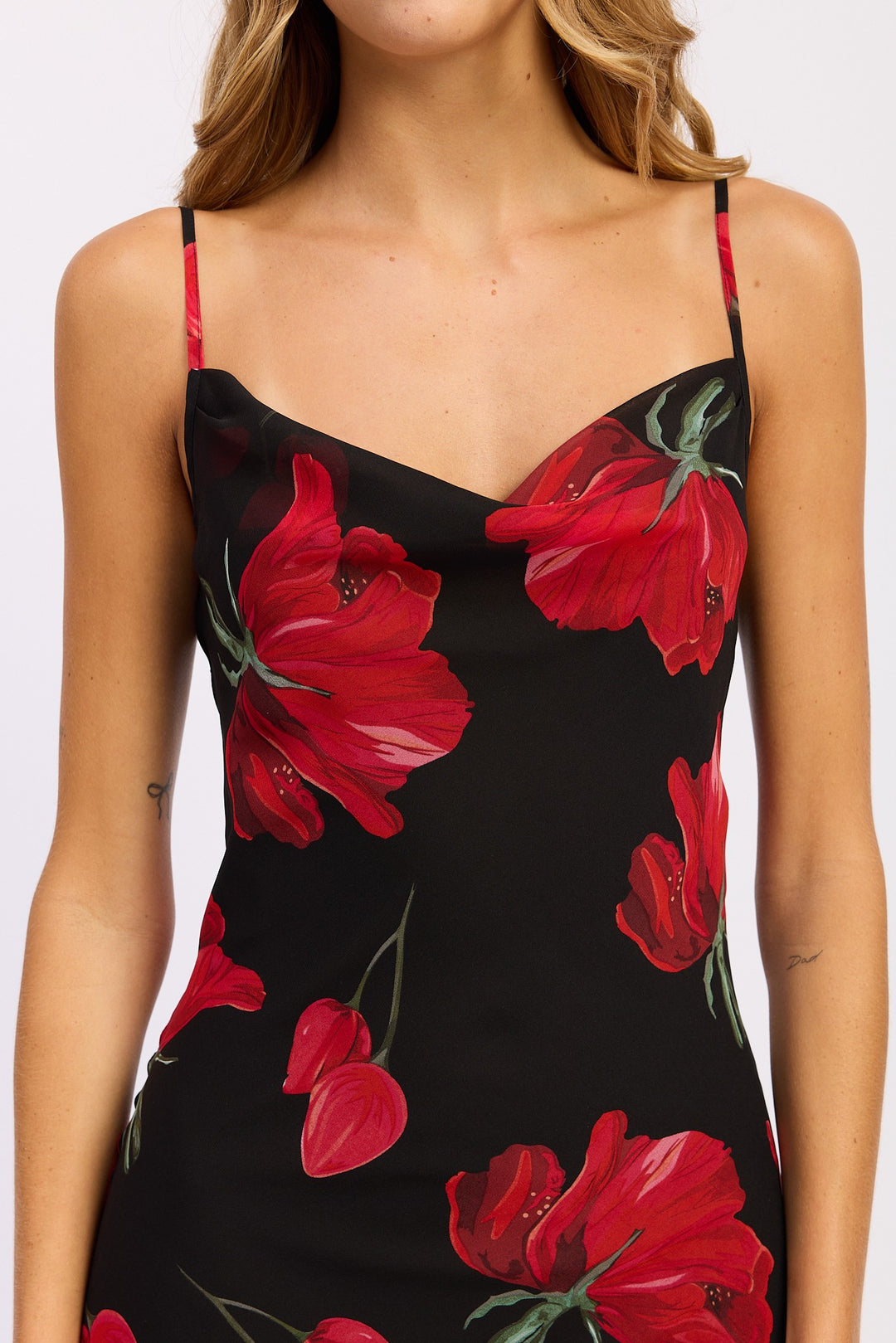 Black Red Floral Printed Cowl Neck Maxi Dress