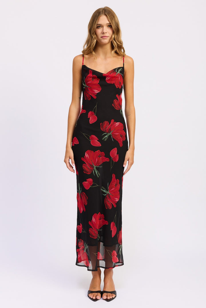 Black Red Floral Printed Cowl Neck Maxi Dress