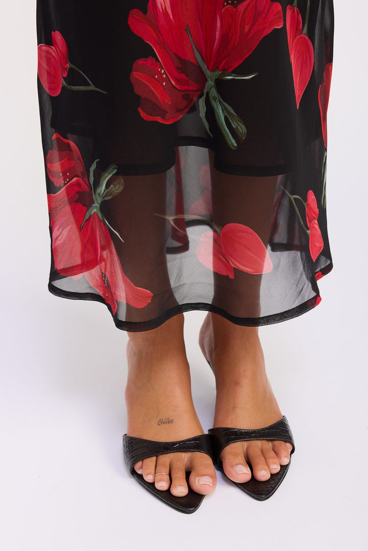 Black Red Floral Printed Cowl Neck Maxi Dress