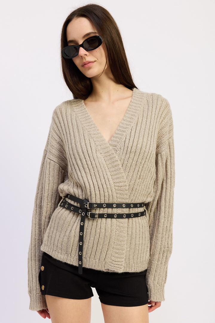 Warm Grey Wrapped Cardigan With Belt