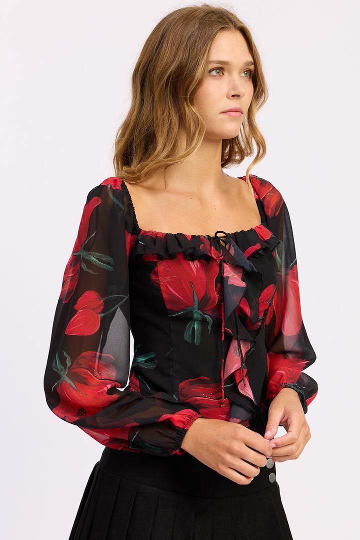 Floral Long Sleeve Ruffled Top