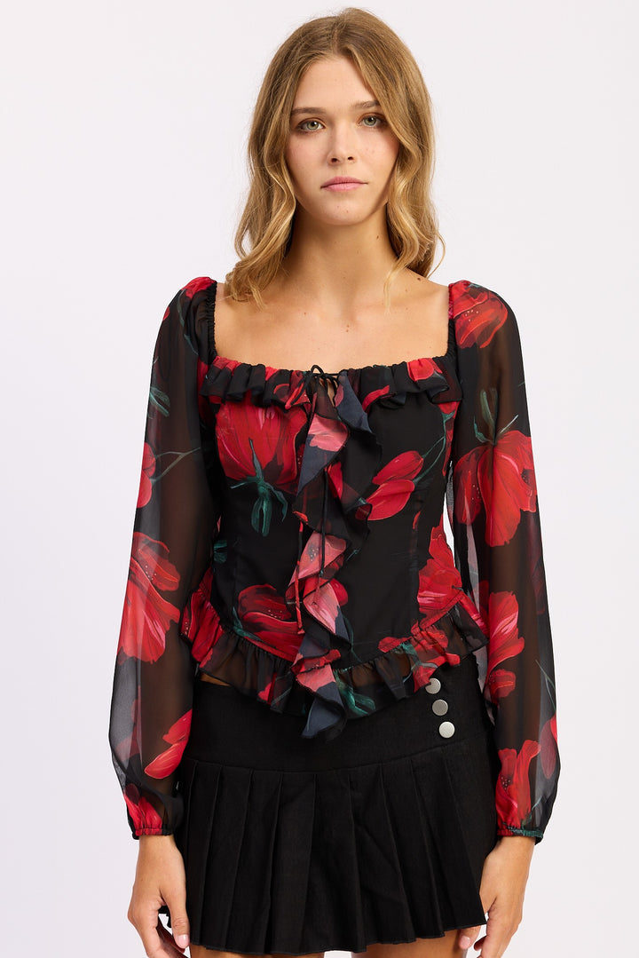 Floral Long Sleeve Ruffled Top