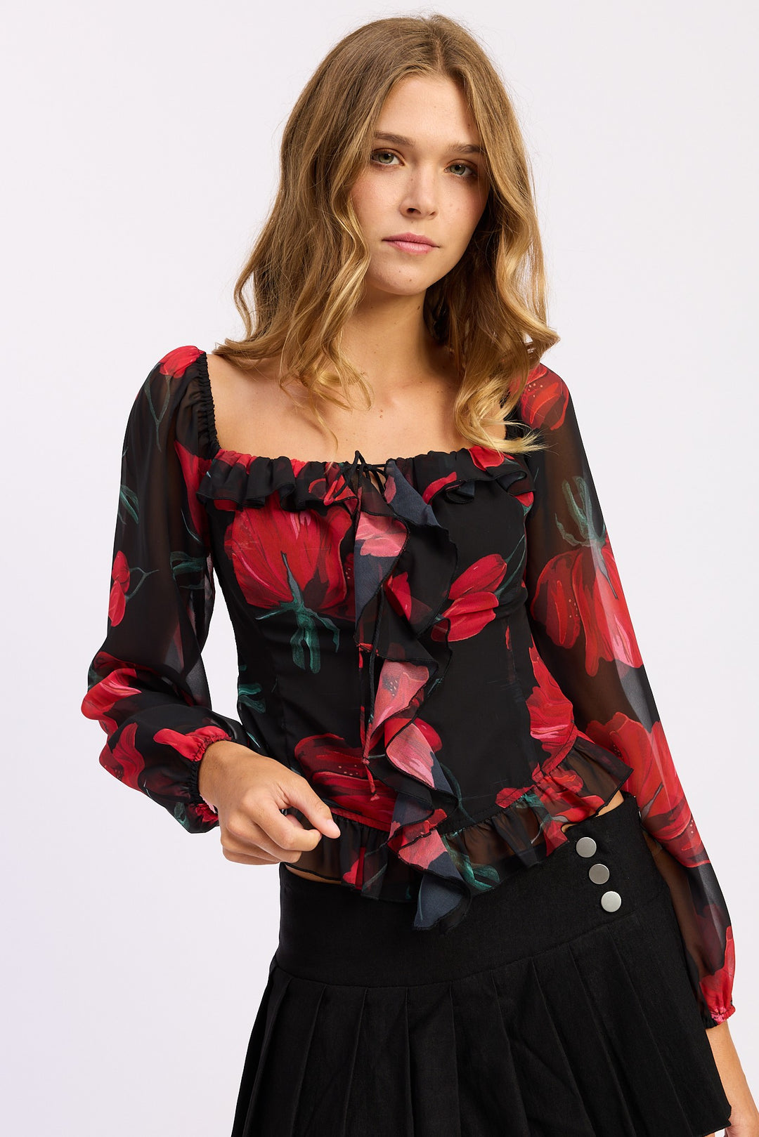 Black Red Floral Long Sleeve Ruffled Top