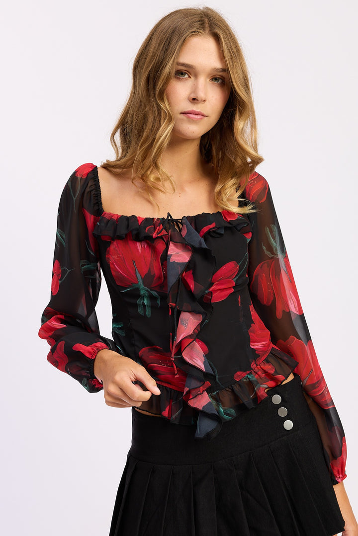 Black Red Floral Long Sleeve Ruffled Top