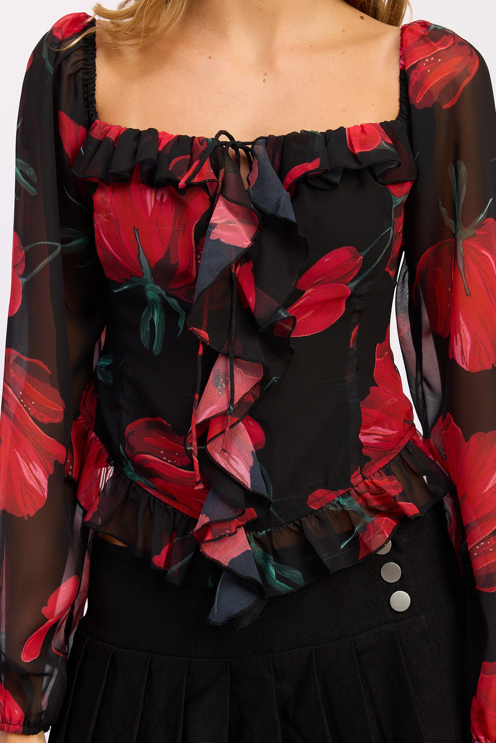 Black Red Floral Long Sleeve Ruffled Top