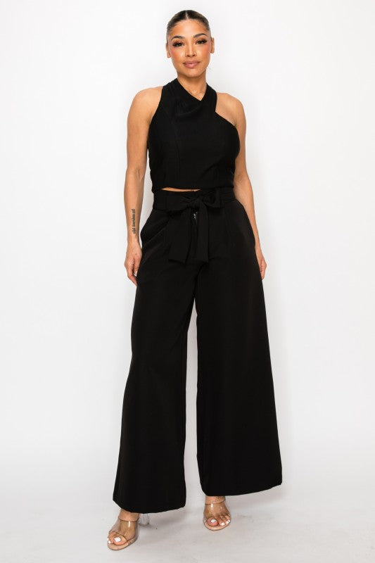 Dressy Palazzo Belted Pants Halter Cropped Top