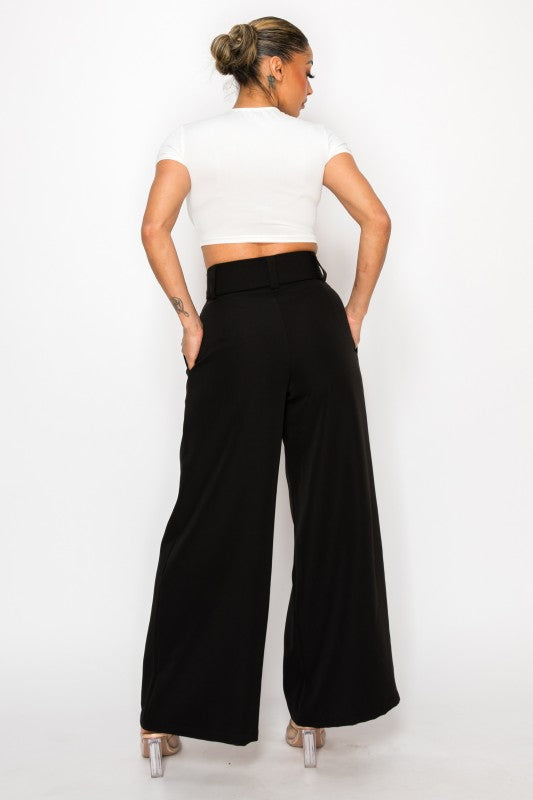 Dressy Palazzo Belted Pants Halter Cropped Top