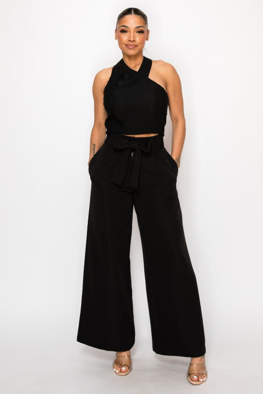 Black Dressy Palazzo Belted Pants Halter Cropped Top