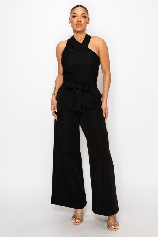 Dressy Palazzo Belted Pants Halter Cropped Top