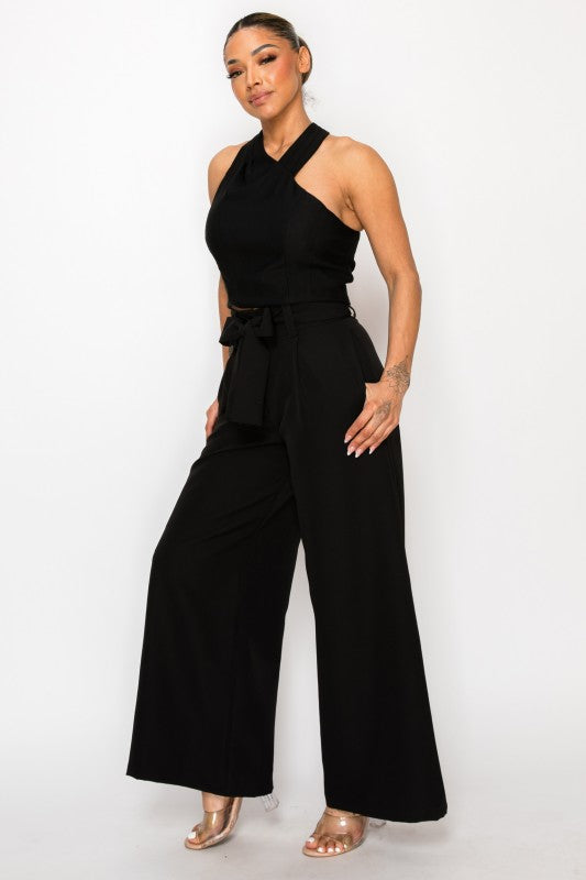 Black Dressy Palazzo Belted Pants Halter Cropped Top
