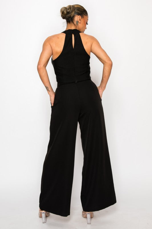 Black Dressy Palazzo Belted Pants Halter Cropped Top