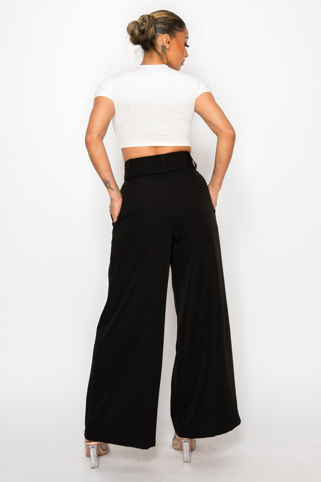 Black Dressy Casual High Waisted Palazzo Belted Pants