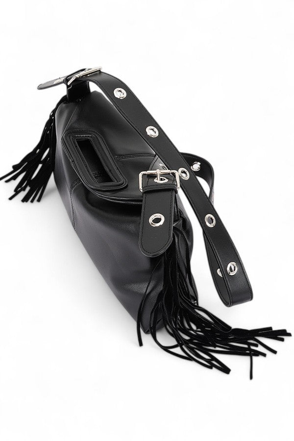 Leather Fringe Top Handle Convertible Shoulder Bag