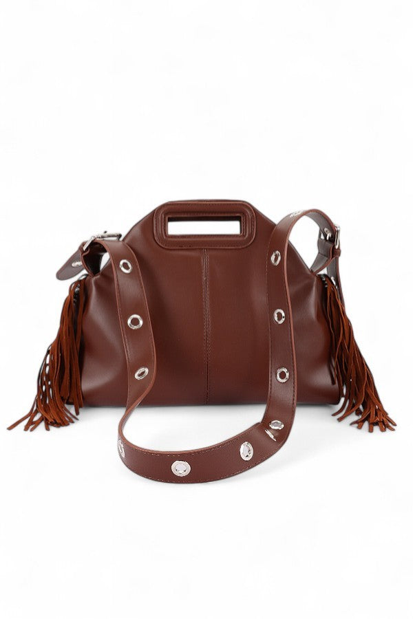Coffee Leather Fringe Top Handle Convertible Shoulder Bag