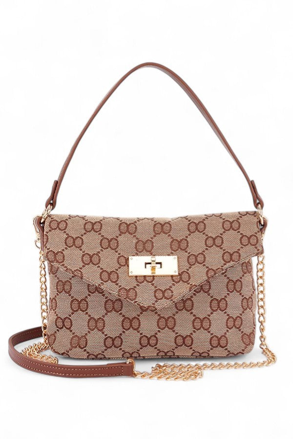 Khaki Iconic Jaquard Turn Lock Shoulder Bag