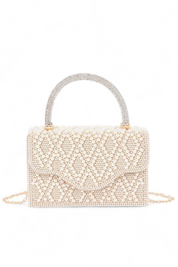 Cream Pearl And Rhinestone Top Handle Clutch Bag