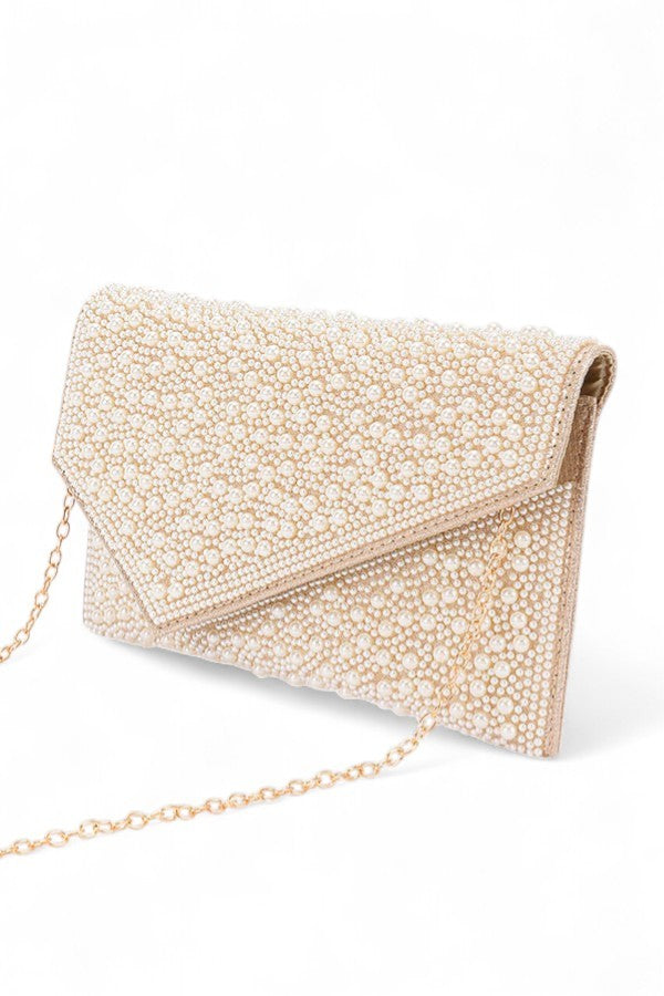 Cream Pearl And Rhinestone Envelope Clutch Bag