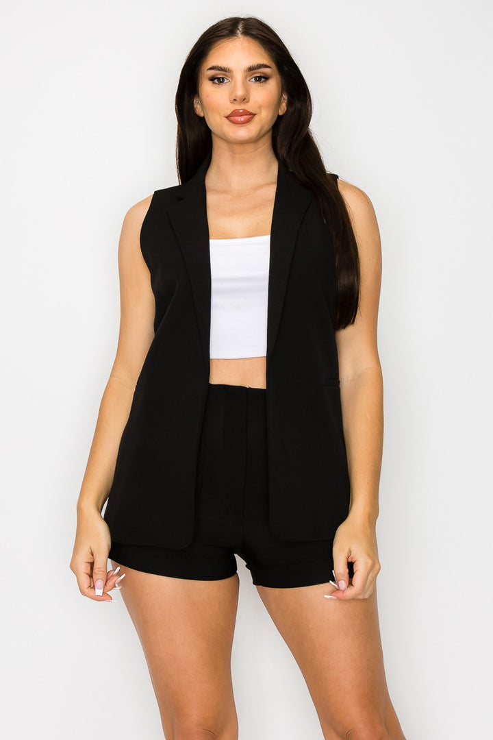 Fuchsia Dressy Pleated High Waist Shorts Long Vest Set