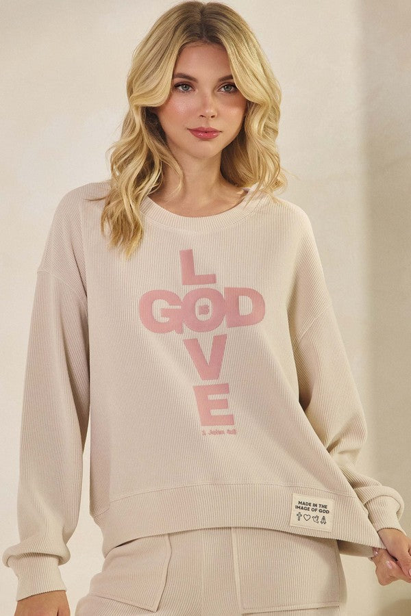 Khaki Womens God Is Love Corduroy Graphic Sweatshirt
