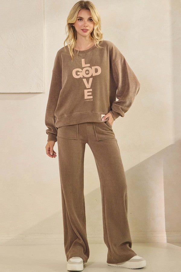 Khaki Womens God Is Love Corduroy Graphic Sweatshirt 1