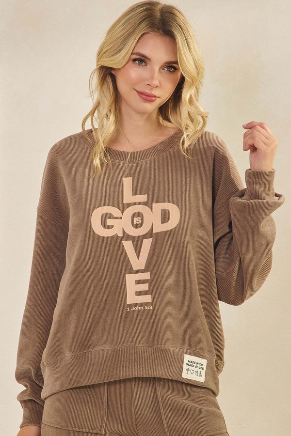 Ivory Womens God Is Love Corduroy Graphic Sweatshirt 1