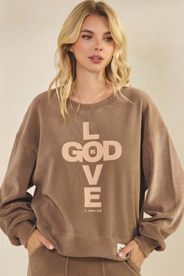 Khaki Womens God Is Love Corduroy Graphic Sweatshirt 1