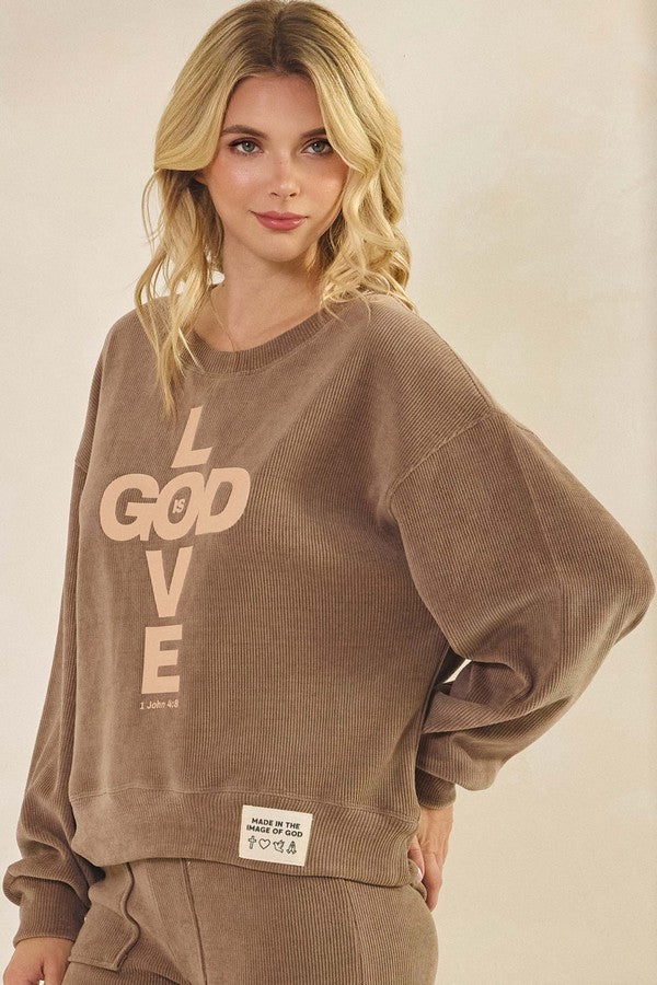 Womens God Is Love Corduroy Graphic Sweatshirt