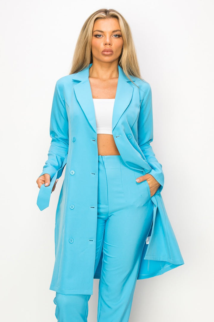 Elegant Solid Long Sleeve Belted Blazer Dress