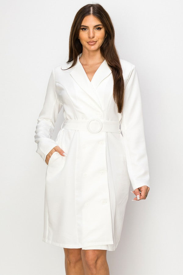 Lemon Elegant Solid Long Sleeve Belted Blazer Dress