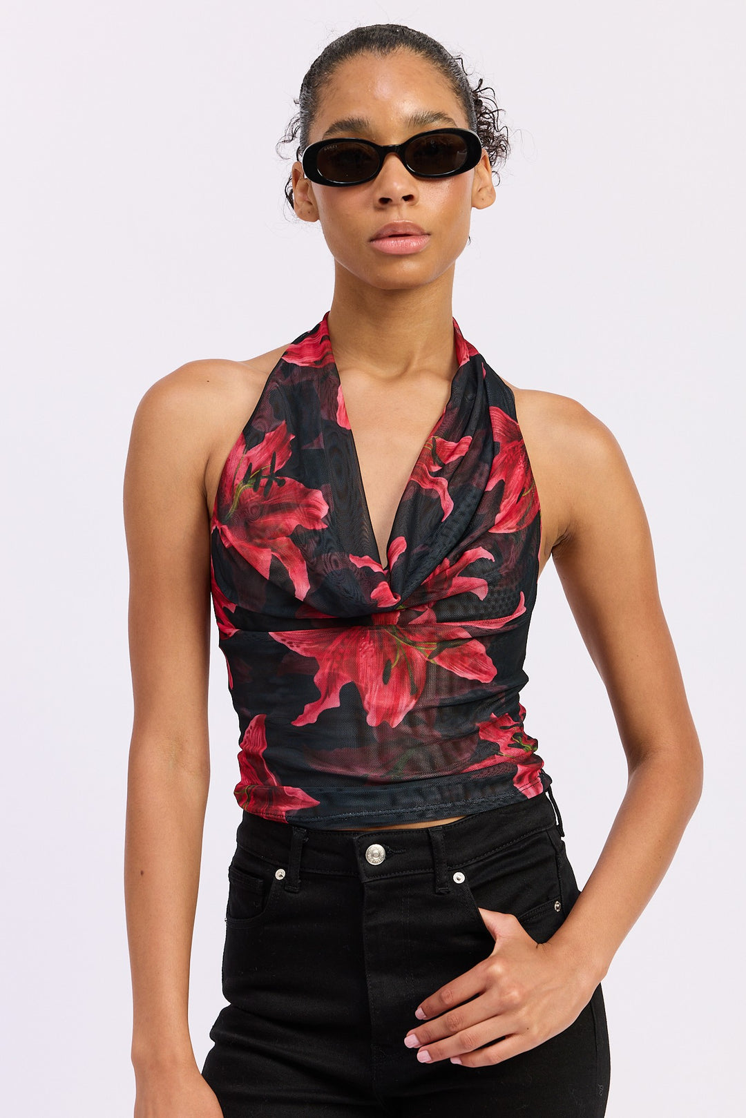 Black Red Halter Cowl Neck Top