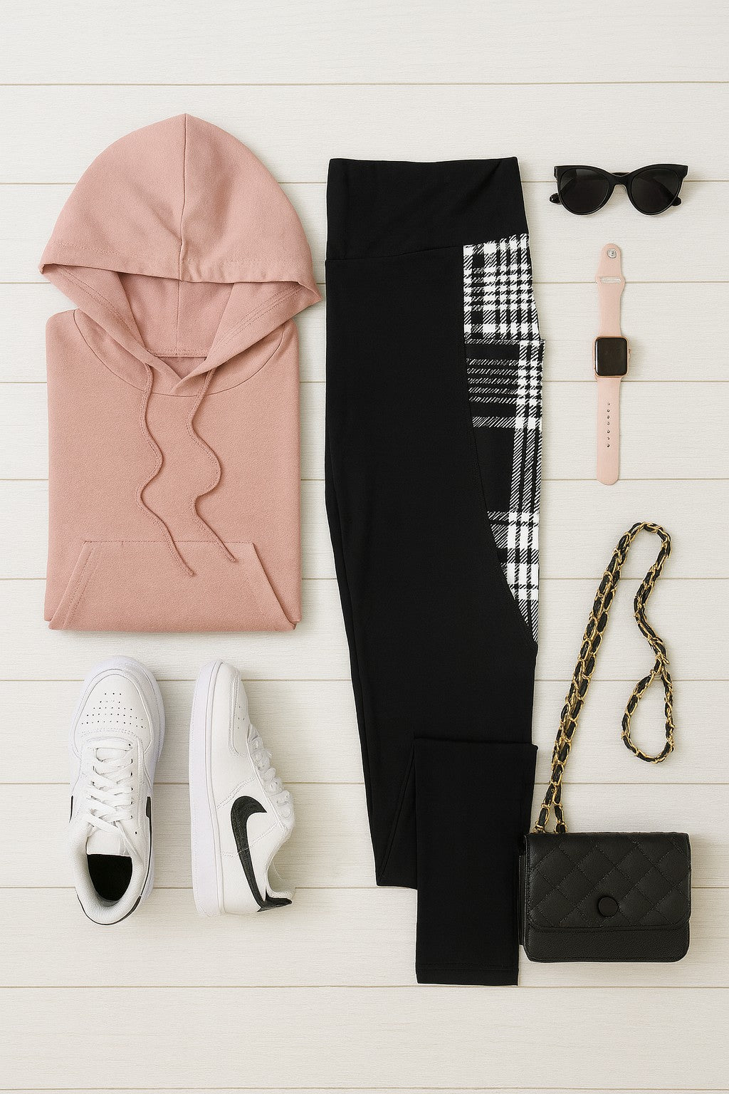 The Gabby Black And White Plaid Panel Leggings