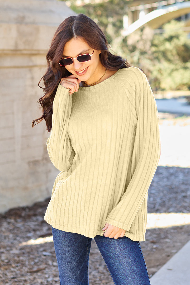 Dark Blue Basic Bae Full Size Ribbed Round Neck Long Sleeve Knit Top 1