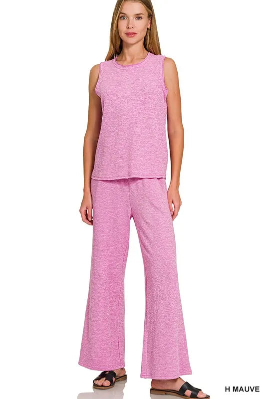 H Mauve Zenana Cotton Slub Tank Pants Set 2